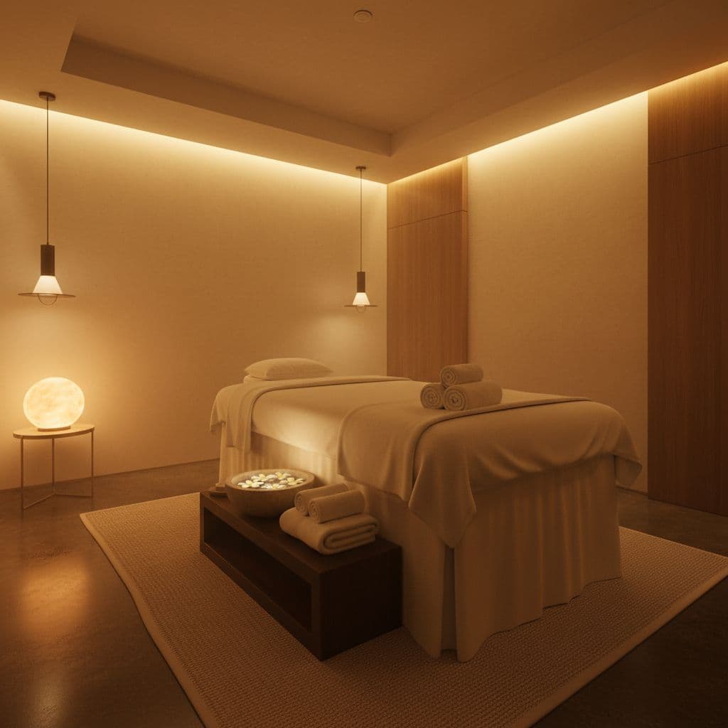 A plush massage table sits centered in a minimalist room with soft amber lighting. Pristine white towels are folded neatly on a side shelf against deep, shadowed textured walls.
