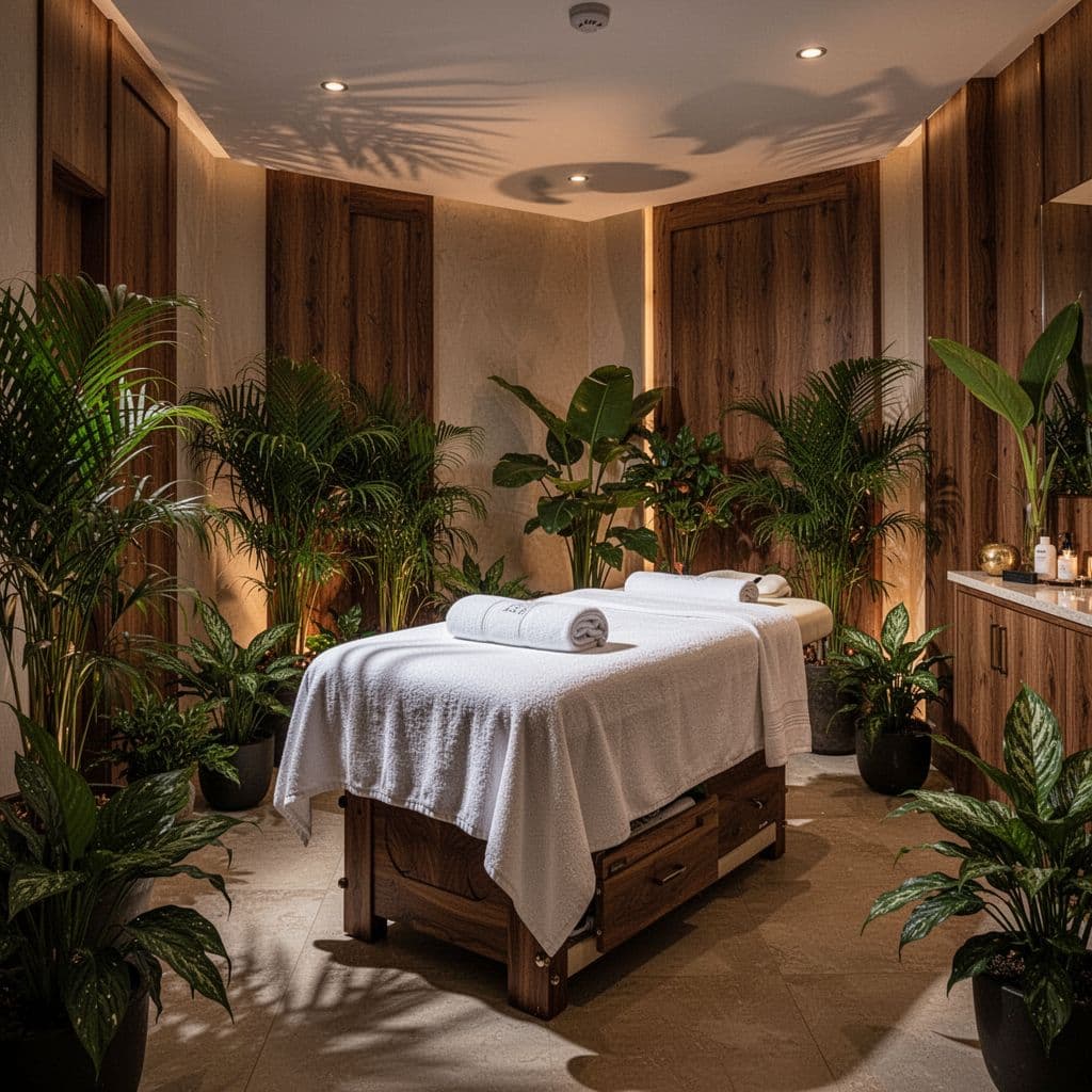 A tranquil massage room features plush treatment tables draped with soft linens under warm accent lighting. Lush green plants stand in the corners, creating a serene and inviting atmosphere for relaxation.