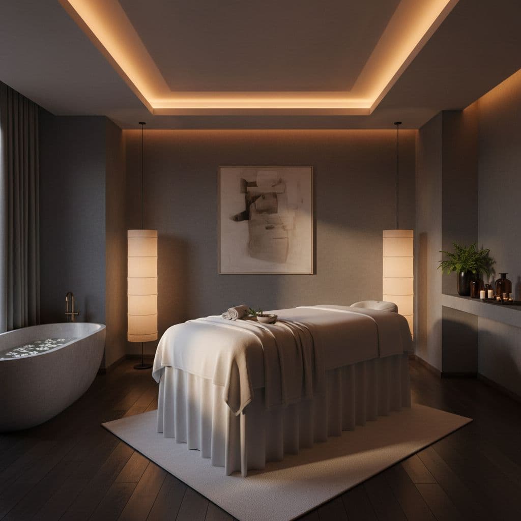 A plush massage table draped in crisp white linens sits centered in a serene room. Warm, dim ambient lighting highlights the minimalist wooden textures and creates a tranquil atmosphere for relaxation.