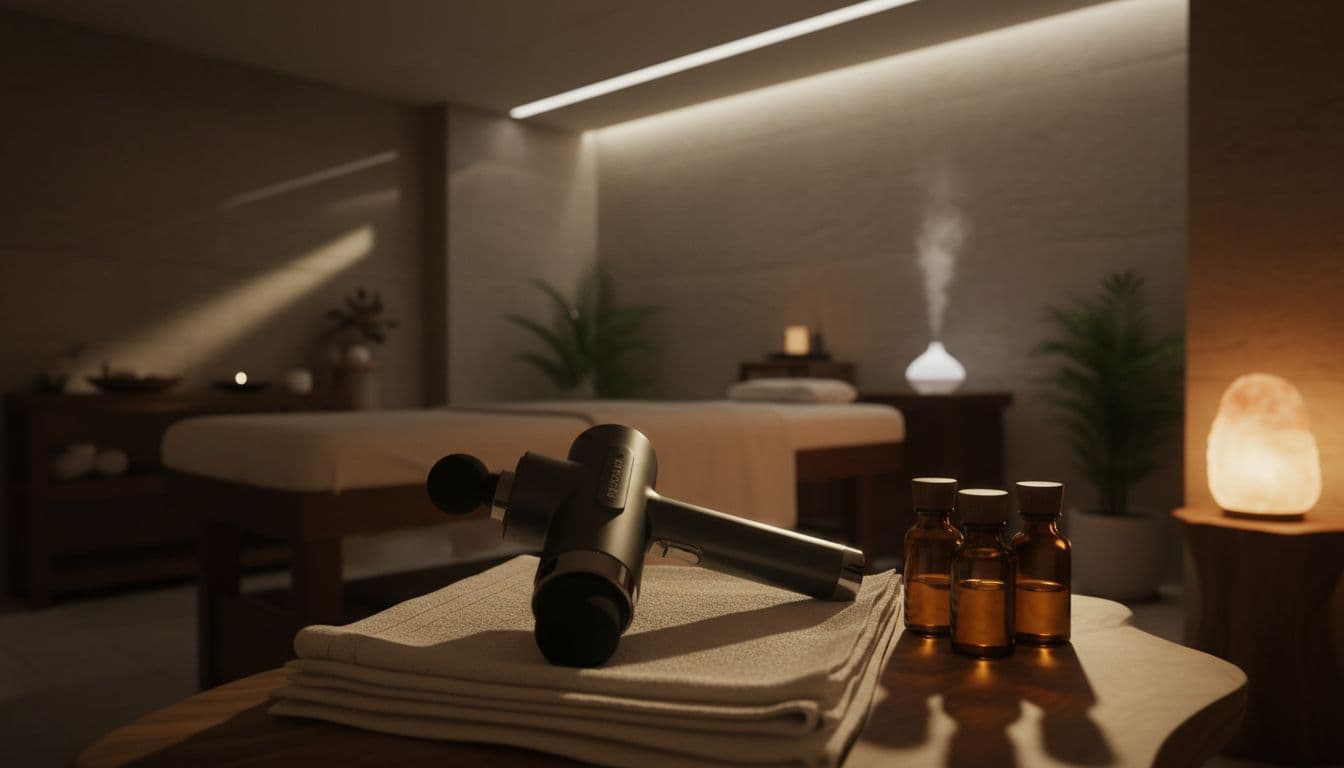 A sleek cordless massage gun rests on a folded plush white towel. Nearby, several amber glass essential oil bottles sit on a dark wooden surface in a dimly lit therapy suite.