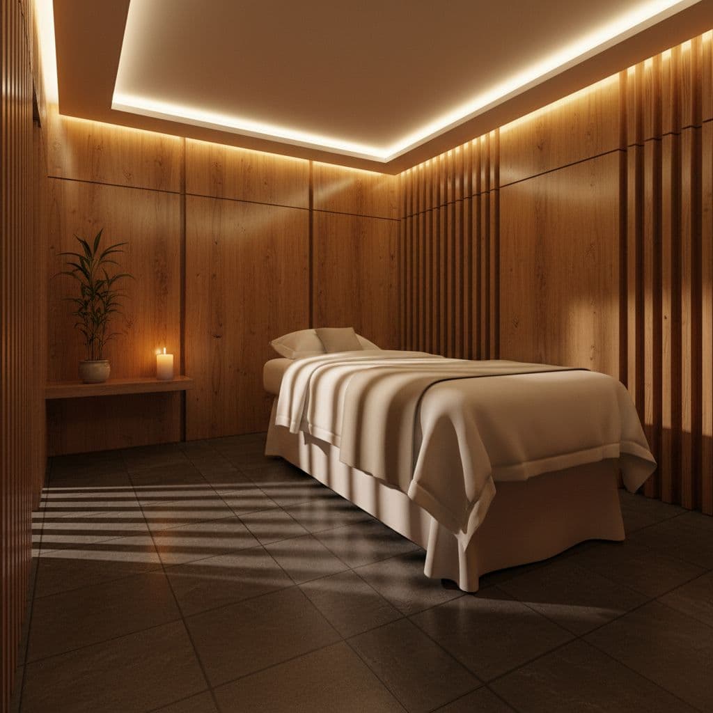 A quiet treatment room features a massage bed covered in crisp white linens beneath warm amber lighting. Natural wooden textures and a single bamboo plant create a calm, professional atmosphere.