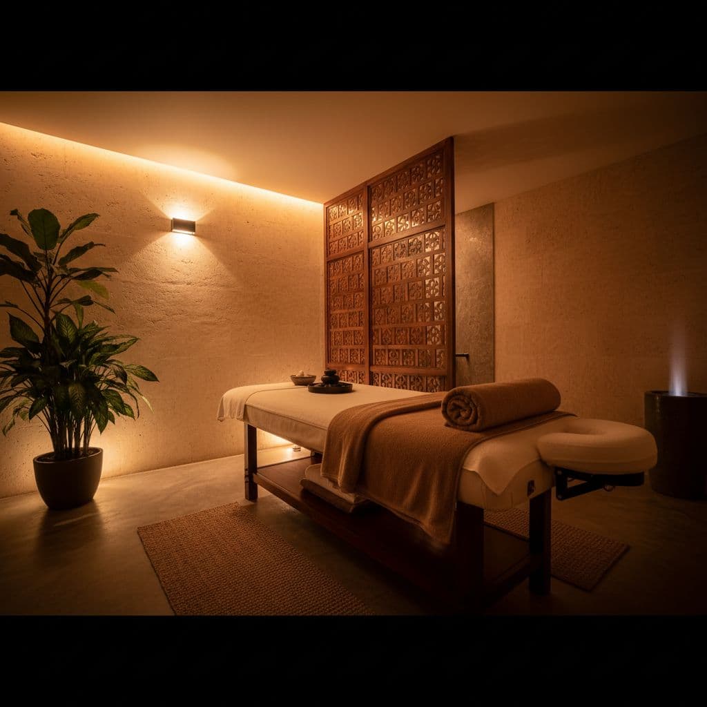 A dark wooden massage table sits center stage, draped with plush, neatly folded white towels. Green potted plants thrive in the corner of this dimly lit, tranquil urban sanctuary room.