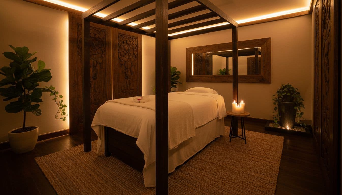 A neatly prepared massage table featuring crisp white linens sits in a dim, tranquil room. Warm ambient light highlights the rich wooden decor and creates deep, peaceful shadows across the space.
