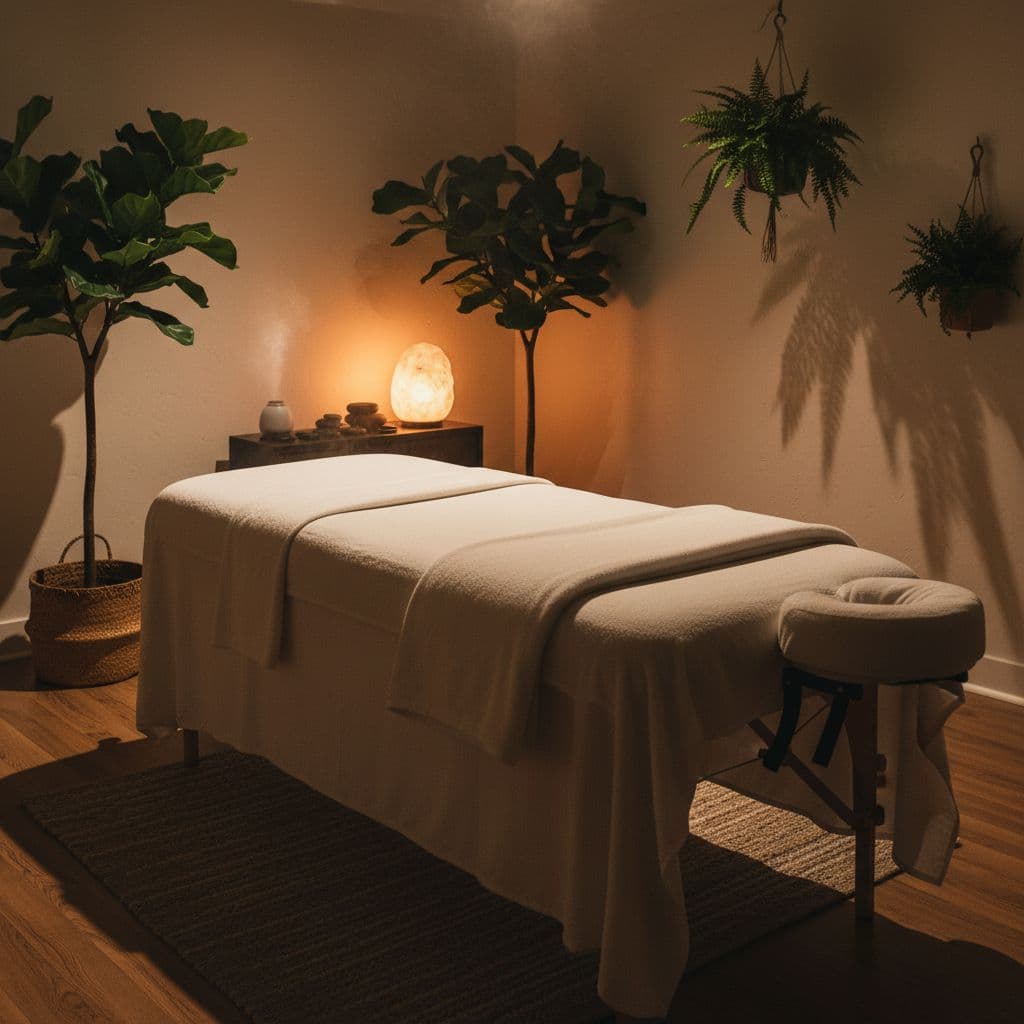 A plush massage table with crisp white linens sits centered in a dimly lit room. Lush green plants flank the walls, creating a tranquil environment under soft, warm amber lighting.