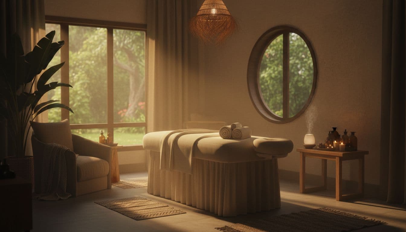 A professional massage table sits centered in a serene spa room with plush folded towels nearby. Soft golden lights highlight the textured walls, creating a calm and inviting therapeutic environment.