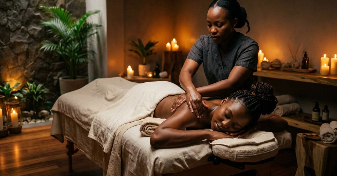 A therapist massages a relaxed woman's shoulders in a warm, candlelit spa room.