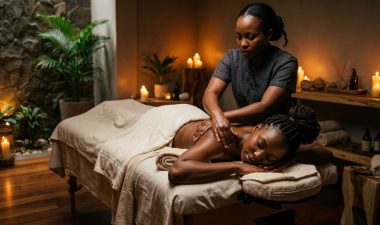 A therapist massages a relaxed woman's shoulders in a warm, candlelit spa room.