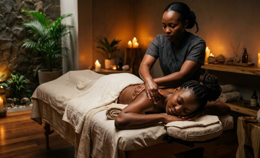 A therapist massages a relaxed woman's shoulders in a warm, candlelit spa room.