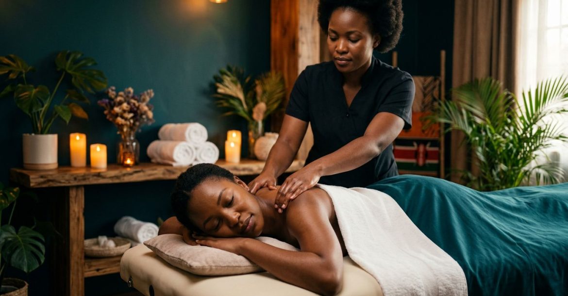 A therapist giving a shoulder massage to a woman in a tranquil Kilimani spa.