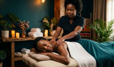 A therapist giving a shoulder massage to a woman in a tranquil Kilimani spa.