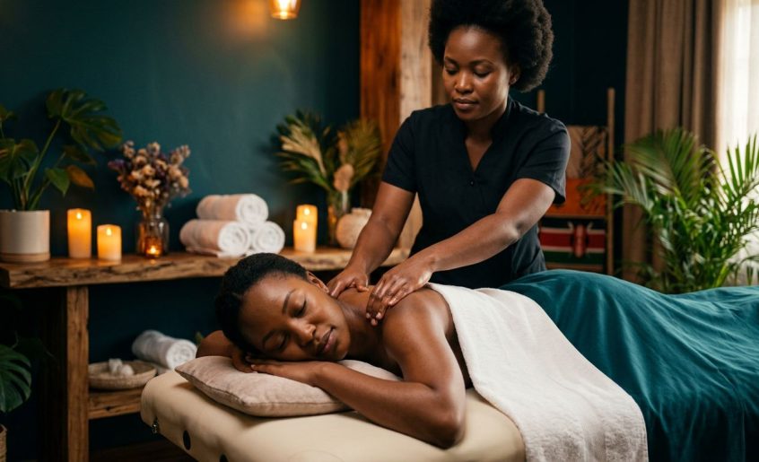 A therapist giving a shoulder massage to a woman in a tranquil Kilimani spa.