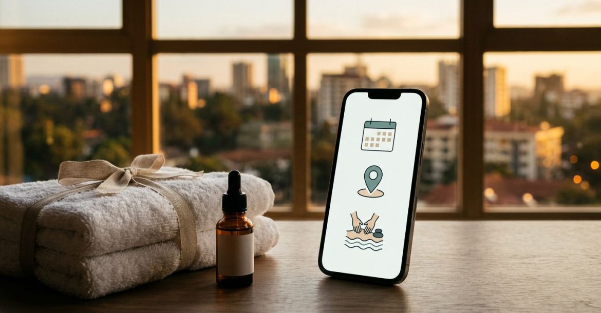 A smartphone showing a spa booking app beside white towels and a small oil bottle.