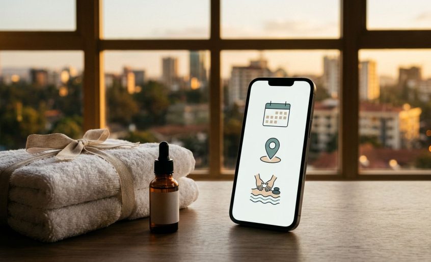 A smartphone showing a spa booking app beside white towels and a small oil bottle.