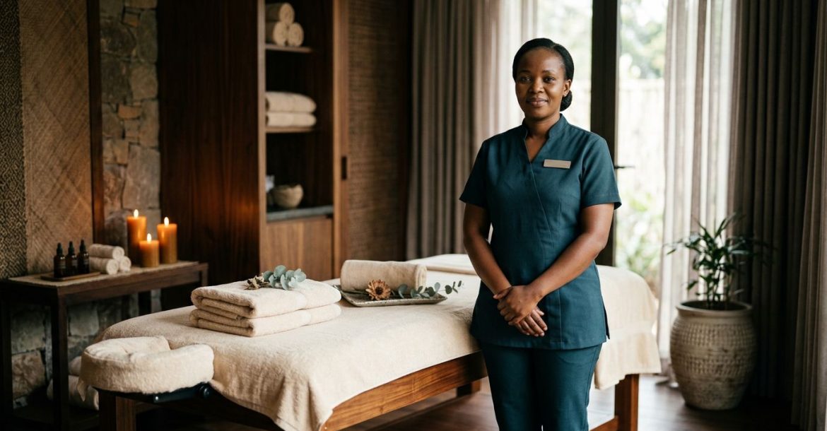 A professional therapist stands beside a neatly prepared massage table in an upscale spa.