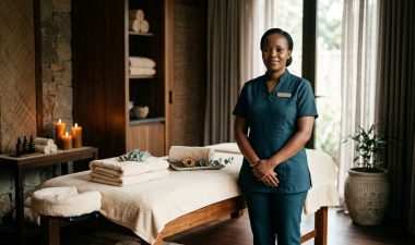 A professional therapist stands beside a neatly prepared massage table in an upscale spa.