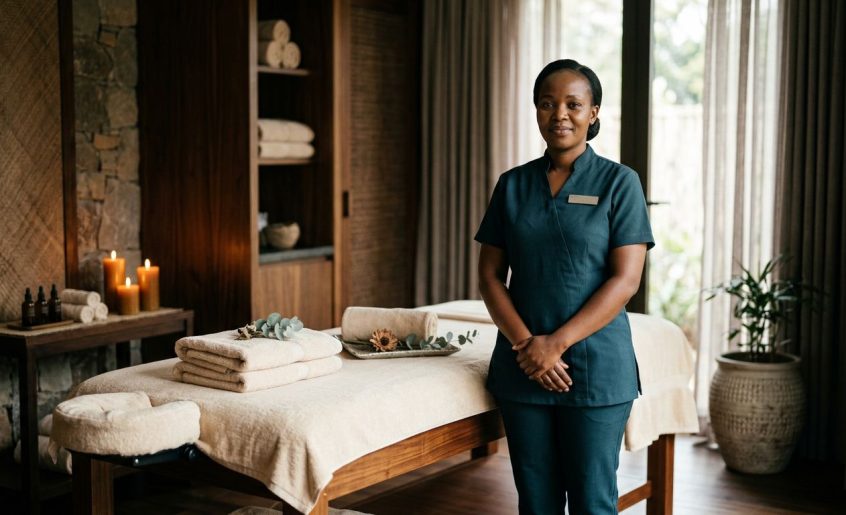 A professional therapist stands beside a neatly prepared massage table in an upscale spa.