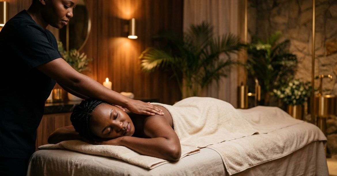 A woman receives a shoulder massage in a warmly lit Nairobi spa.