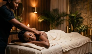 A woman receives a shoulder massage in a warmly lit Nairobi spa.