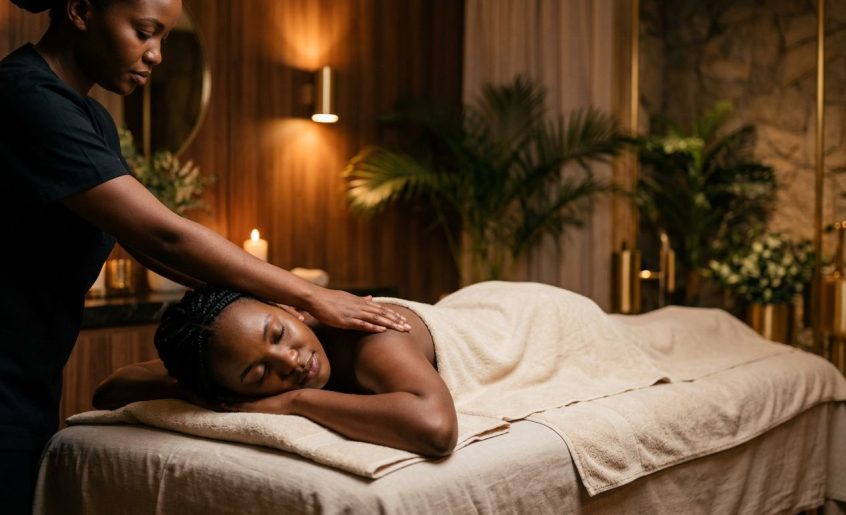 A woman receives a shoulder massage in a warmly lit Nairobi spa.