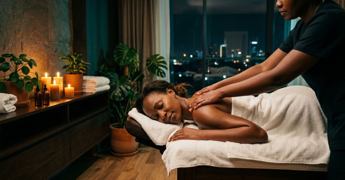 A woman receives a shoulder massage in a candlelit spa room with towels and plants.