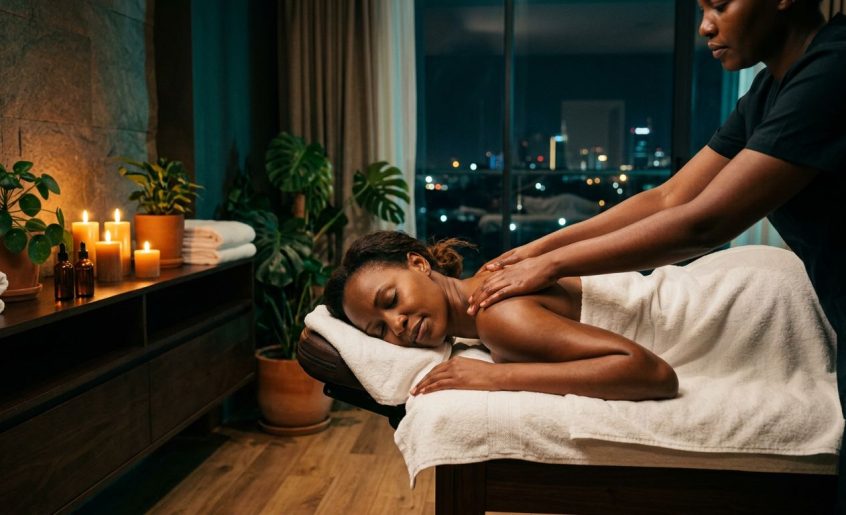 A woman receives a shoulder massage in a candlelit spa room with towels and plants.