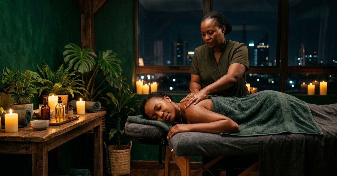 A therapist performs a back massage for a client in a serene Nairobi spa room.