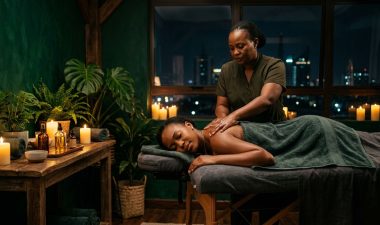 A therapist performs a back massage for a client in a serene Nairobi spa room.