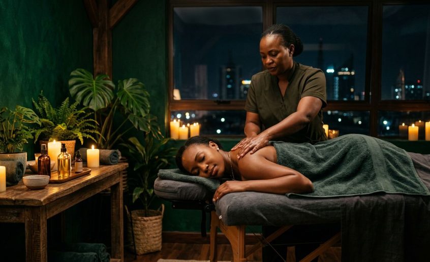 A therapist performs a back massage for a client in a serene Nairobi spa room.