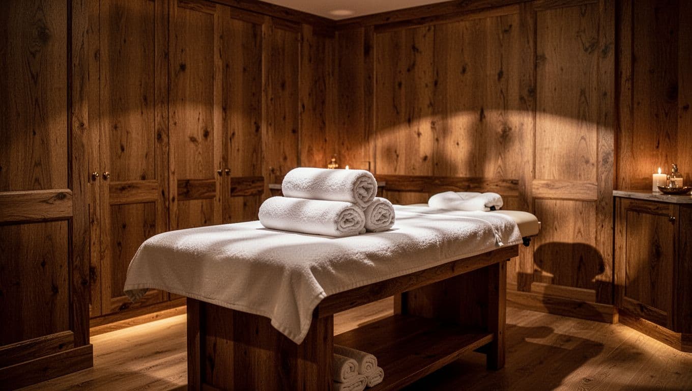 Rolled white towels rest on a massage table in a warmly lit wooden spa room.