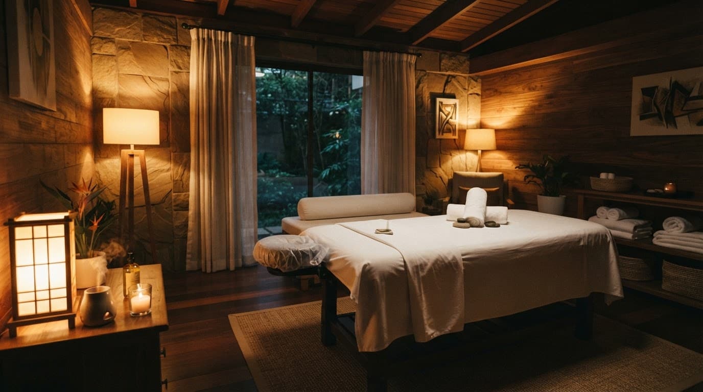 A luxurious massage table in a spa room with warm lighting and clean white towels.