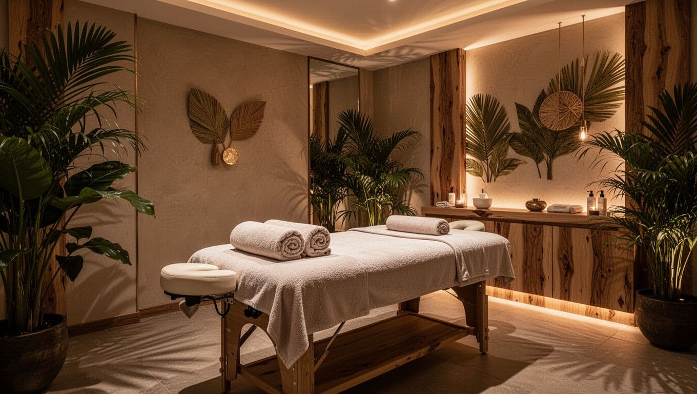 A serene massage table with rolled towels inside a dimly lit spa room.