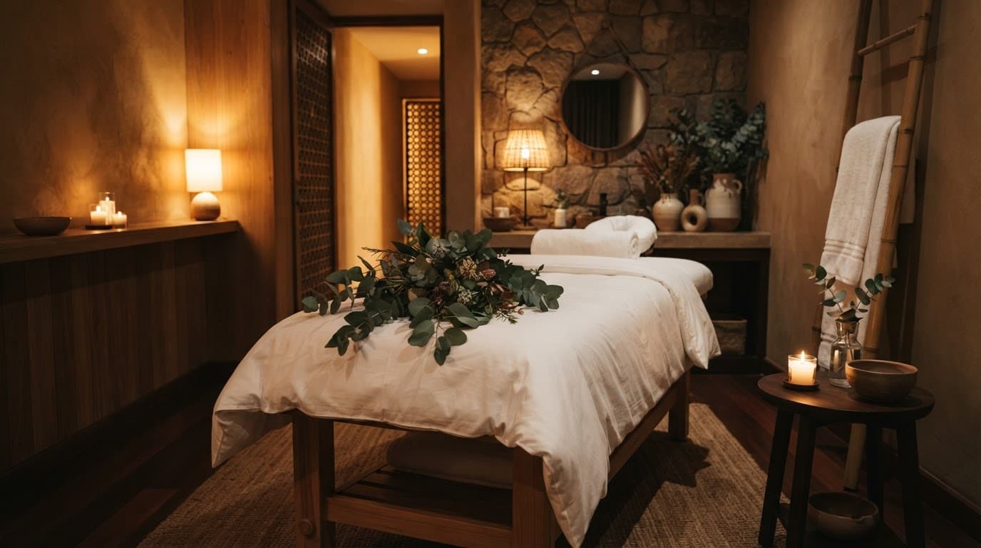 A serene spa room featuring a massage table with white towels and eucalyptus under warm lighting.