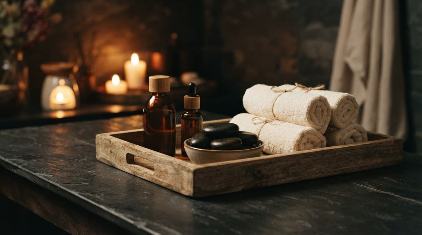Warm massage oil bottles and smooth stones on a wooden tray.