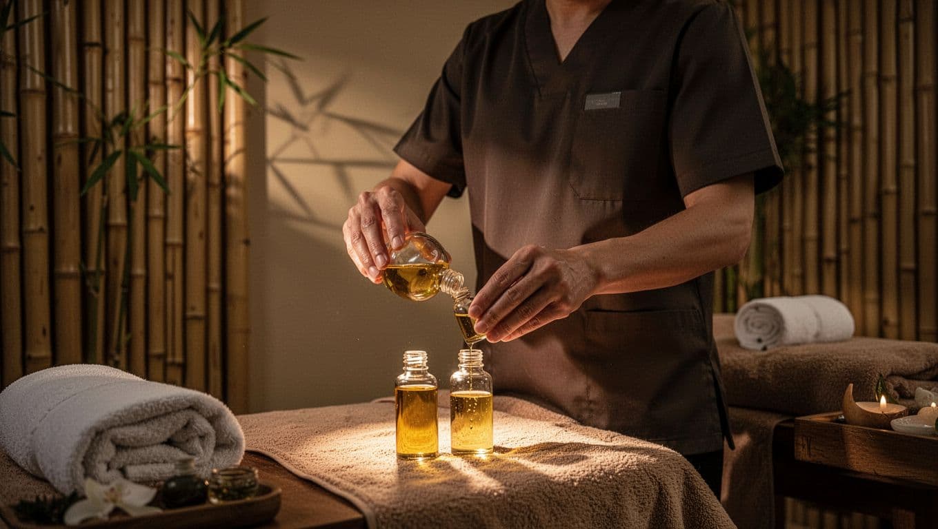 A professional massage therapist preparing essential oils in a tranquil spa room.
