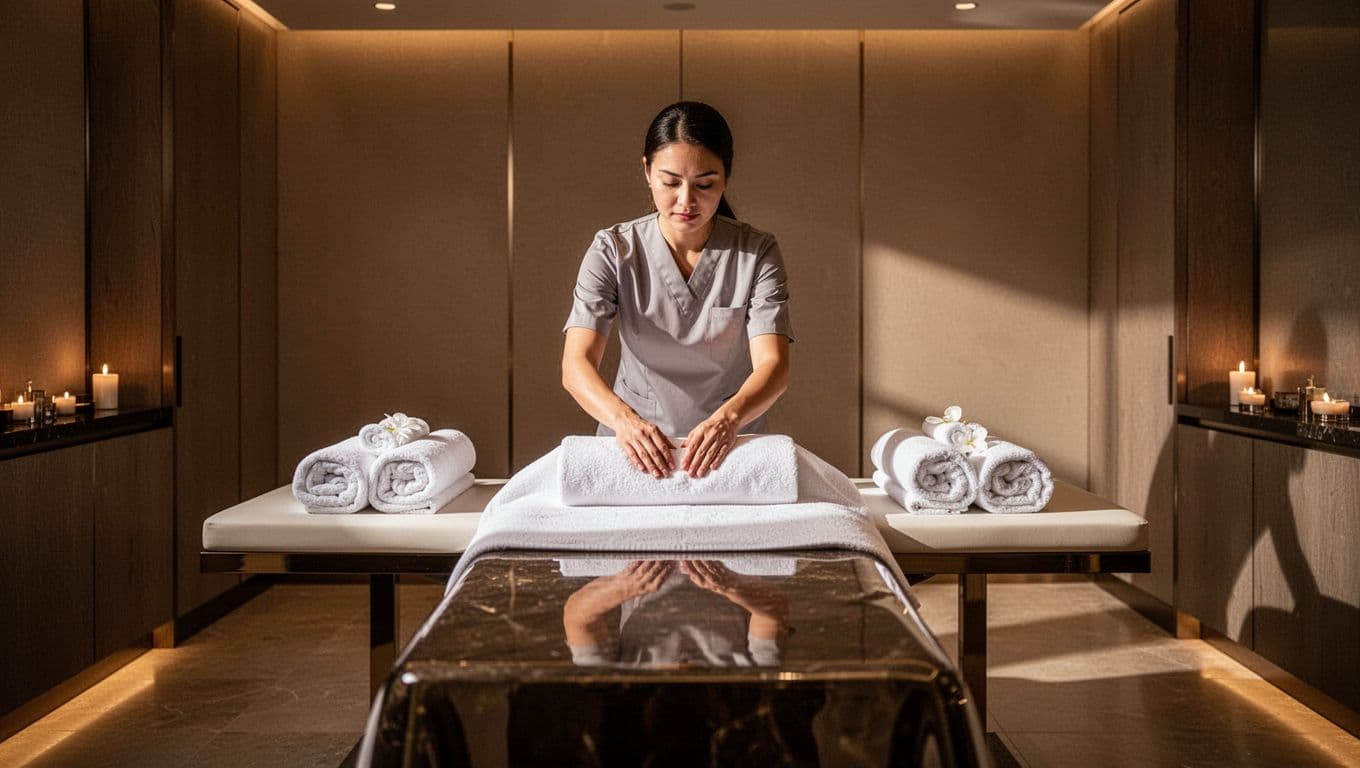 A therapist preparing a massage table with fresh white towels in a warm spa room.