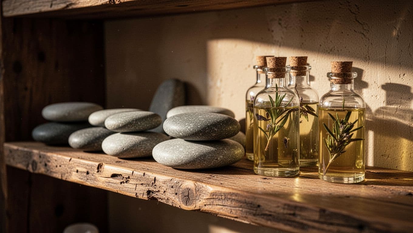 Massage stones and oil bottles arranged on a rustic wooden shelf.