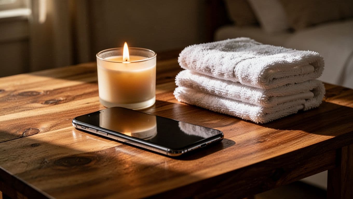 A smartphone and folded white towels on a wooden table beside a lit candle.