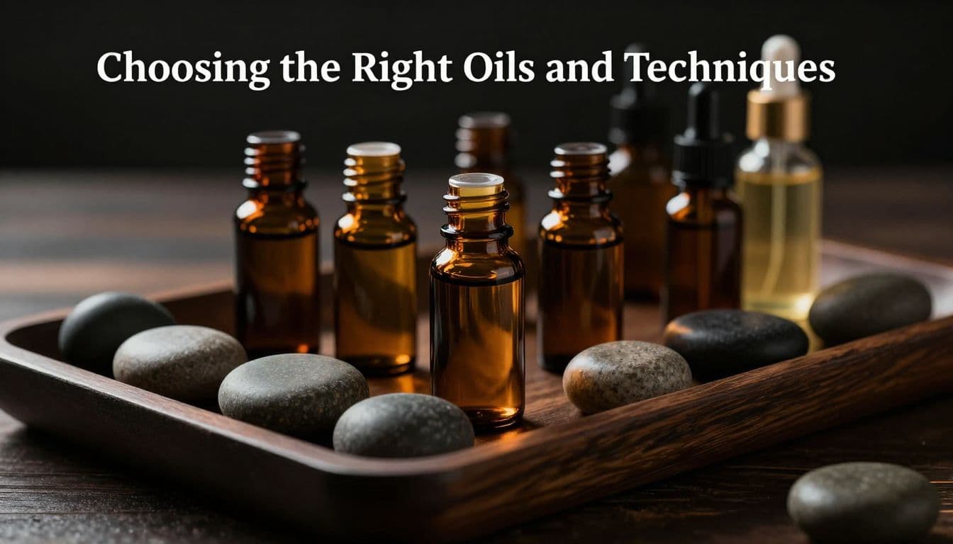 Amber oil bottles and smooth basalt stones on a dark wooden tray.