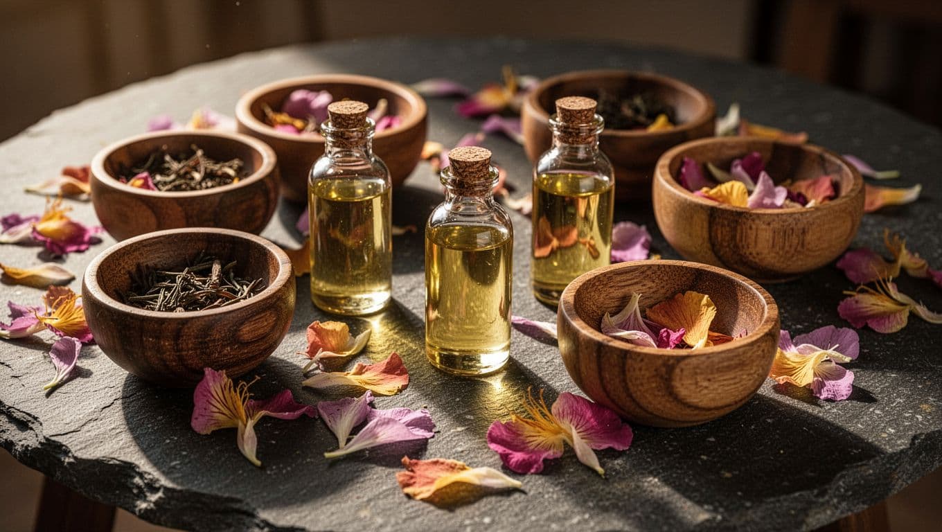Massage oils, wooden bowls, and pink petals on a dark stone table.