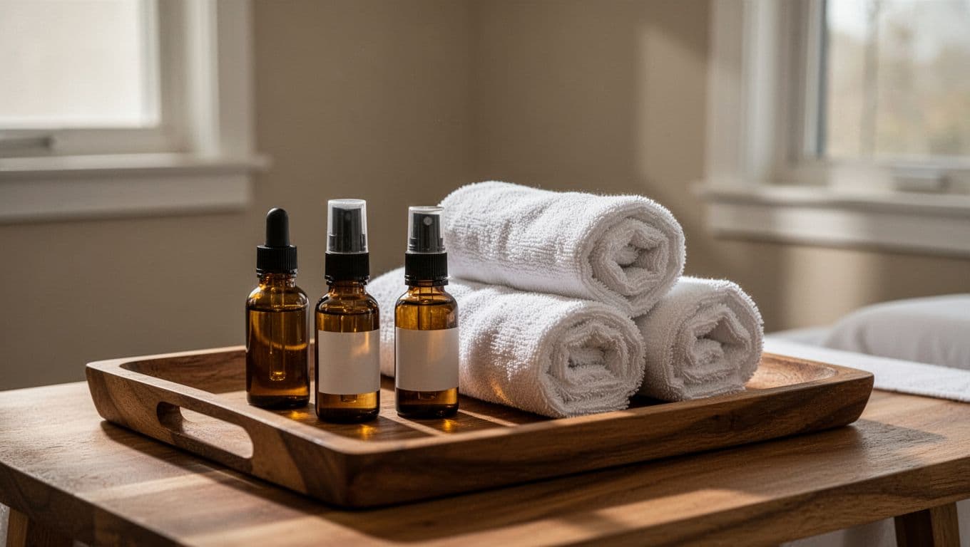 Essential oil bottles and rolled white towels rest on a wooden spa tray.