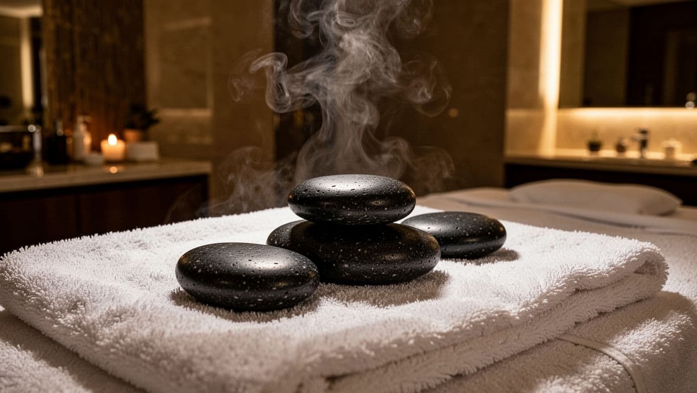 Black massage stones warming on a white towel in a softly lit spa room.