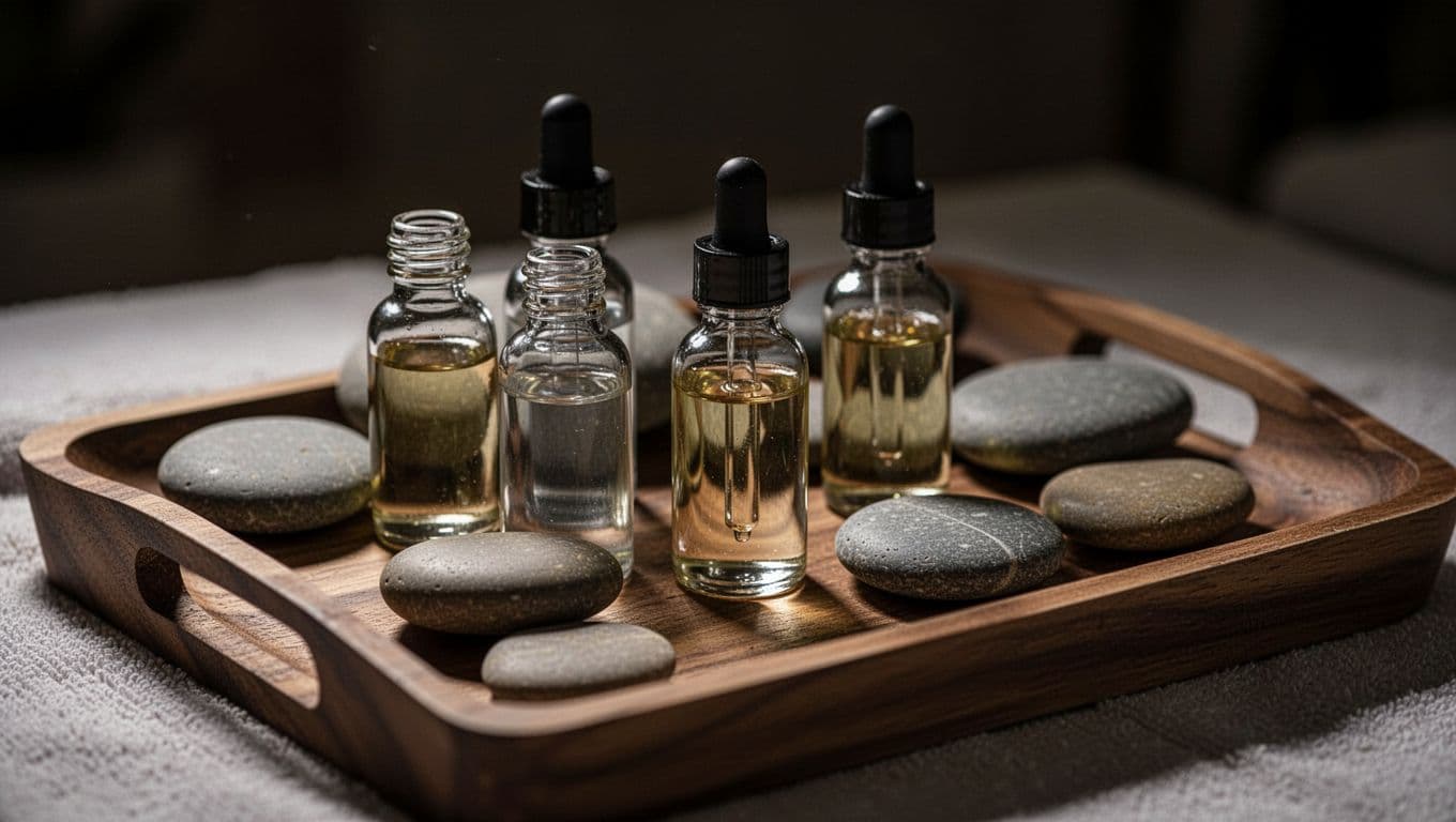 Essential oil bottles and smooth stones on a wooden tray in warm, dim light.