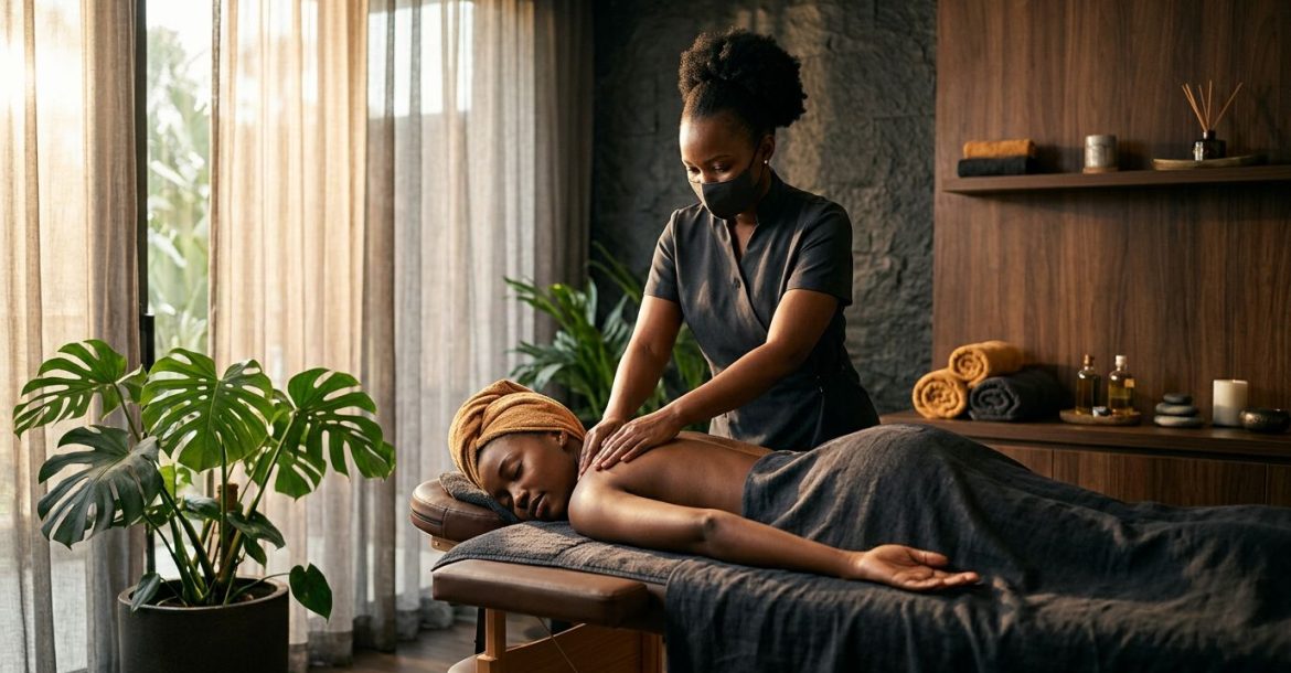 Therapist giving a shoulder massage in a sunlit spa room.