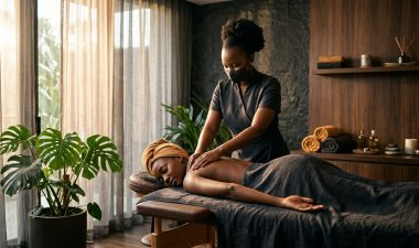Therapist giving a shoulder massage in a sunlit spa room.