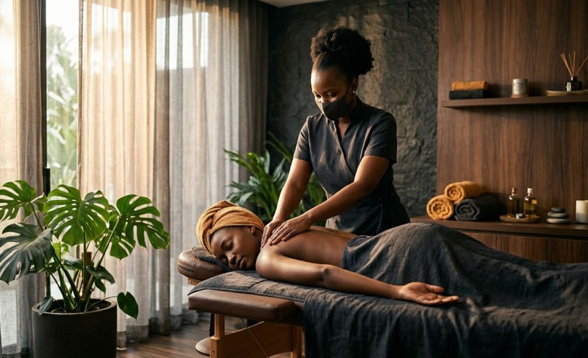 Therapist giving a shoulder massage in a sunlit spa room.
