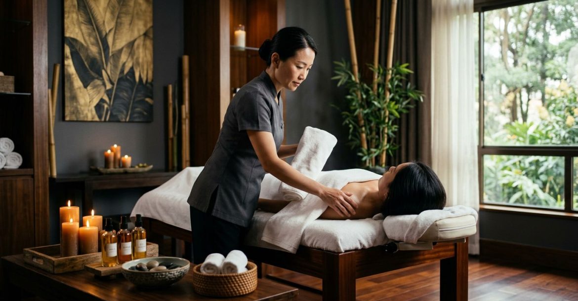 A therapist prepares a client on a massage table beside towels, oils, candlelight, and bamboo décor.