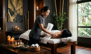 A therapist prepares a client on a massage table beside towels, oils, candlelight, and bamboo décor.