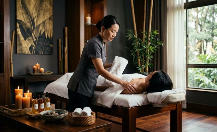 A therapist prepares a client on a massage table beside towels, oils, candlelight, and bamboo décor.