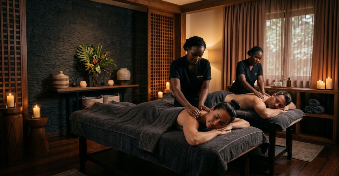 Two people receive shoulder massages on separate tables in a softly lit spa room.