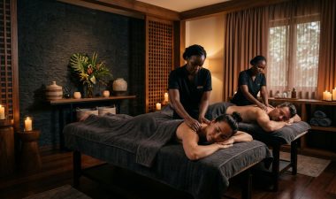 Two people receive shoulder massages on separate tables in a softly lit spa room.